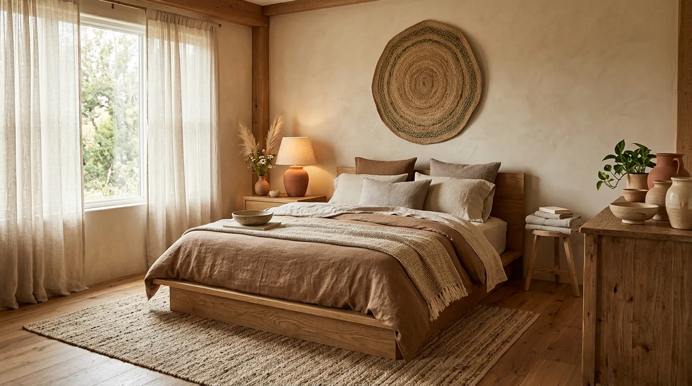 Earthy bedroom with wood furniture, layered linens, and organic textures.